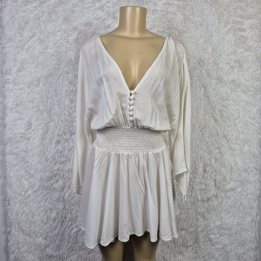 Indah Sz S Cream Smocked V Neck Ruched Sleeve Mini Dress Beachy Semi Sheer